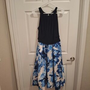 SLNY Fashions New York Women 12 Blue Floral Halter Fit Flare Cocktail Dress